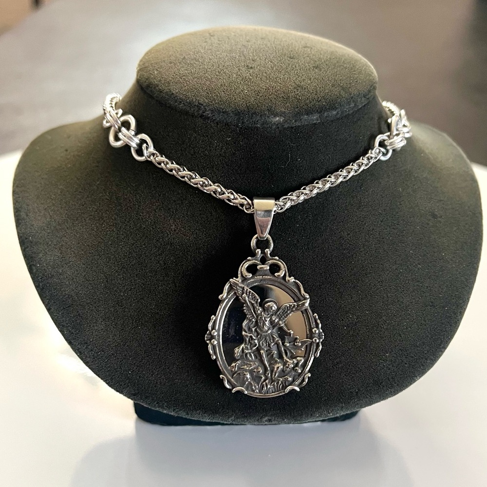 Handmade maille stainless steel necklace + st michael angel medal mirror charm - Picture 11 of 15